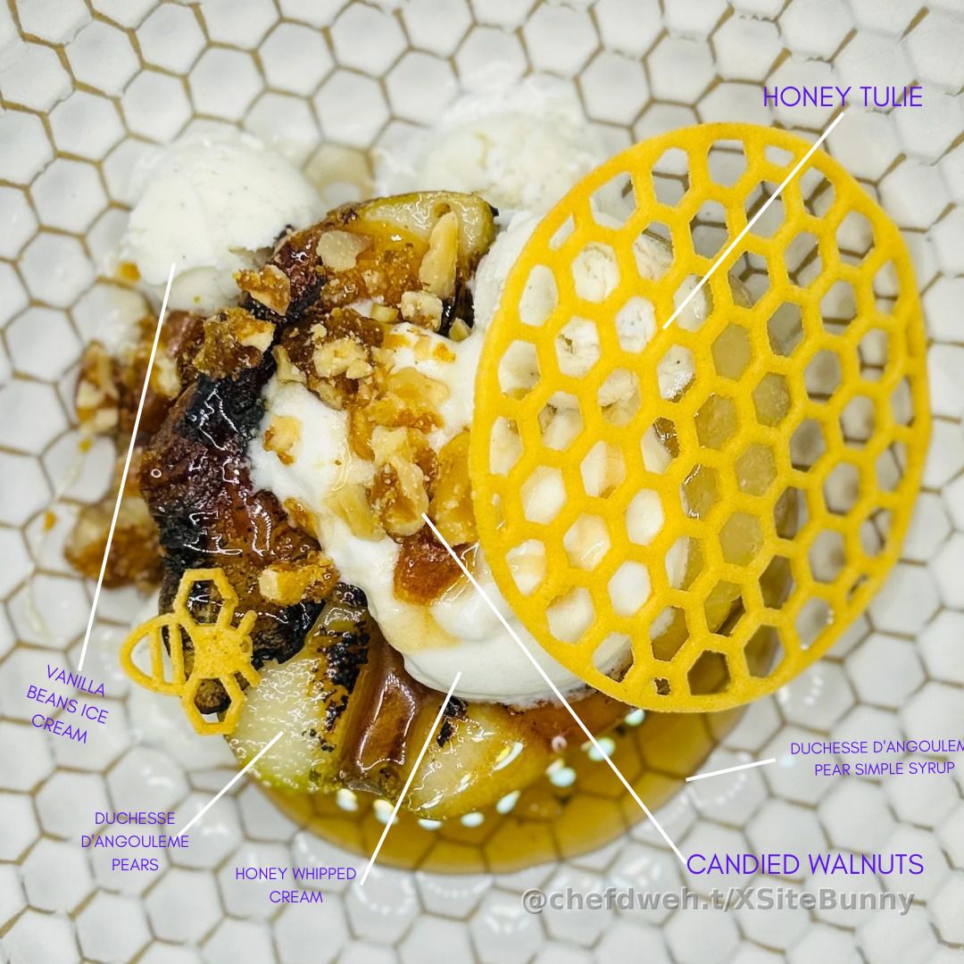 Kobe's culinary journey continued with a more decadent twist on the Duchesse d'Angoulême pear. This dessert featured a halved pear glazed with its own syrup, which was crème brûléed to create a delicate caramelized crust. Paired with a crisp honey tuile, velvety vanilla bean ice cream, and candied walnuts, this dish was a true celebration of textures and flavors. A refined treat for someone who inspires me to push boundaries in the kitchen.