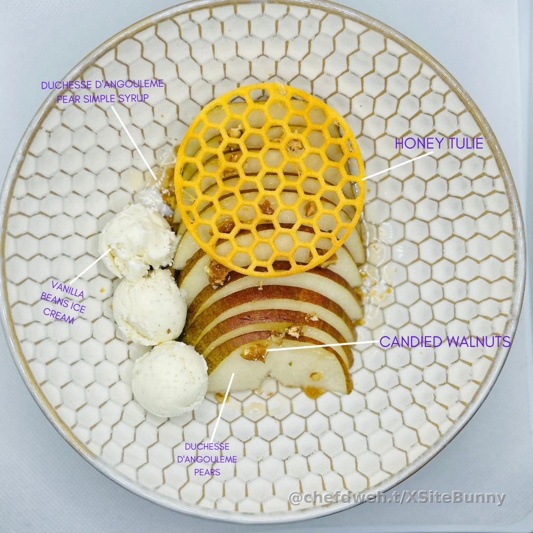 For Kobe, I crafted a pear dessert featuring the exquisite Duchesse d'Angoulême pears. This dish was paired with a crisp honey tuile, smooth vanilla bean ice cream, and candied walnuts for a touch of crunch. A perfect balance of elegance and simplicity, this dessert allowed the natural sweetness of the pears to shine. A celebration of refined flavors for someone who inspires me every day!