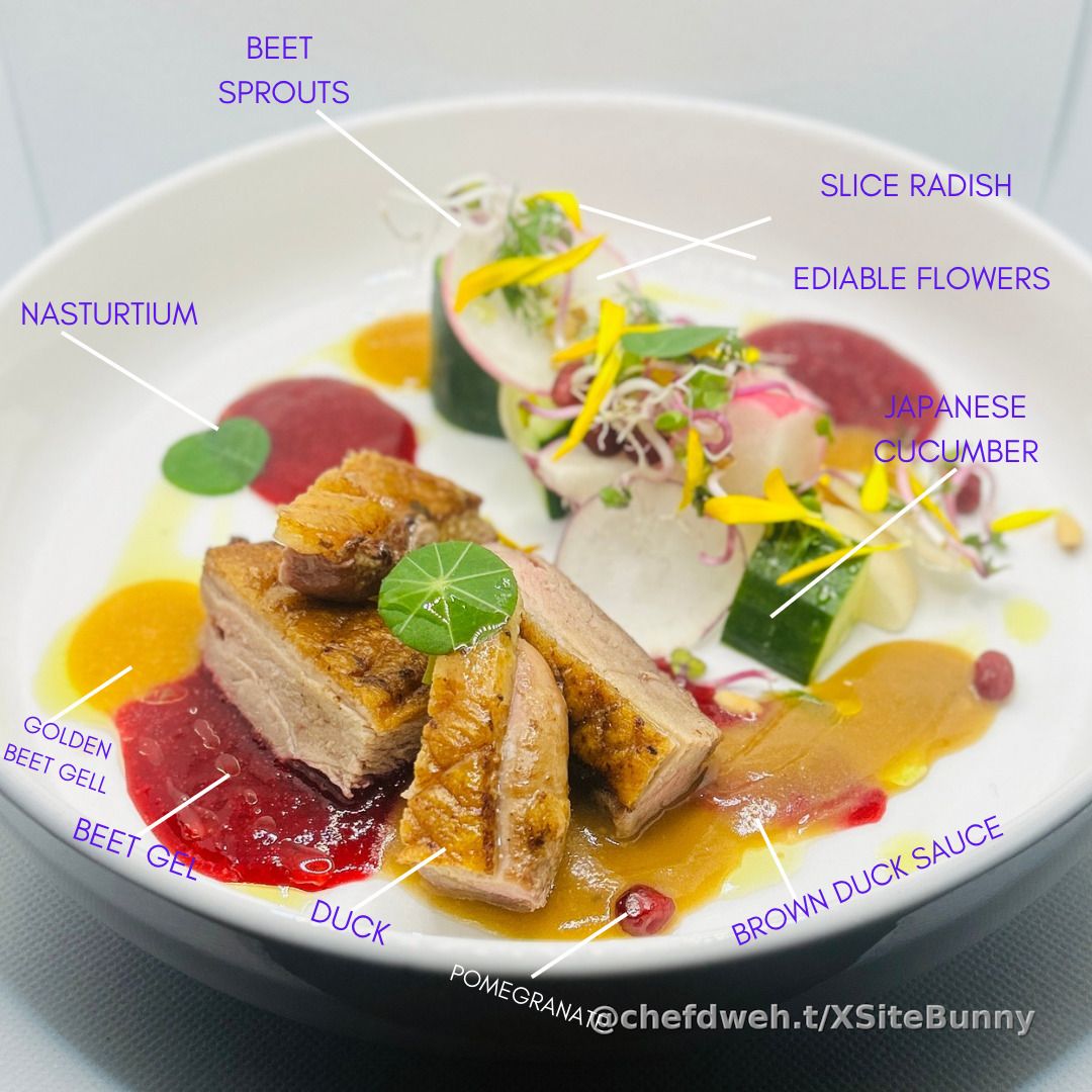 A special thank you to my teacher, Ms. Woodlief, for going above and beyond to help me source the finest meats for my dishes. Her guidance and support have been invaluable, and I wanted to show my appreciation the best way I know how-through food.
I prepared a pan-seared duck breast paired with two vibrant beet gels and a refreshing Japanese cucumber and radish salad. A dish as refined and thoughtful as the help she’s given me.
Here’s to mentors who inspire, support, and elevate us-thank you, Ms. Woodlief!