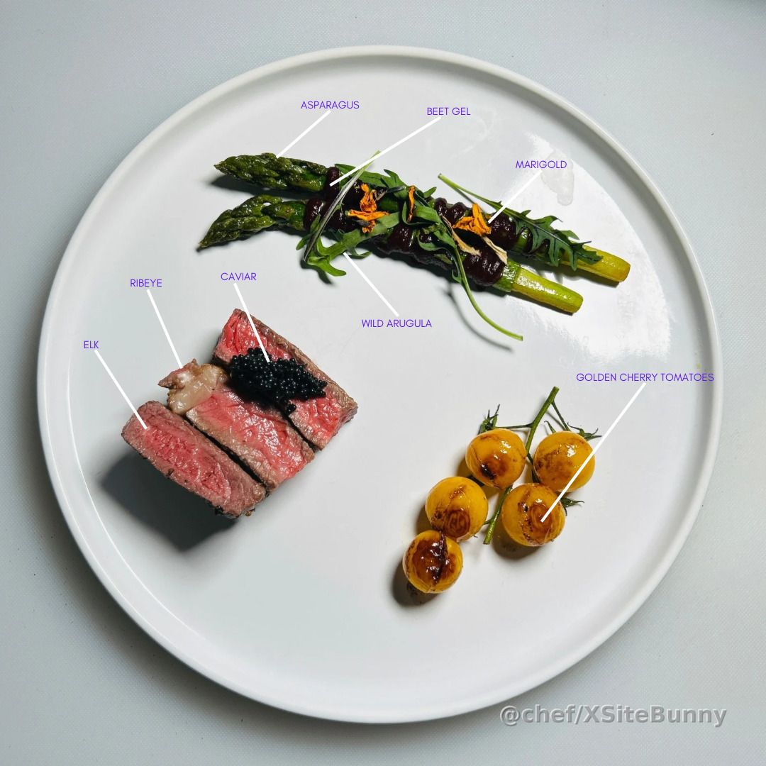 Elk and ribeye, topped with caviar for richness. Grilled asparagus dressed in beet gel, wild arugula, and marigold for color and bite. Roasted golden cherry tomatoes to bring it all home.
