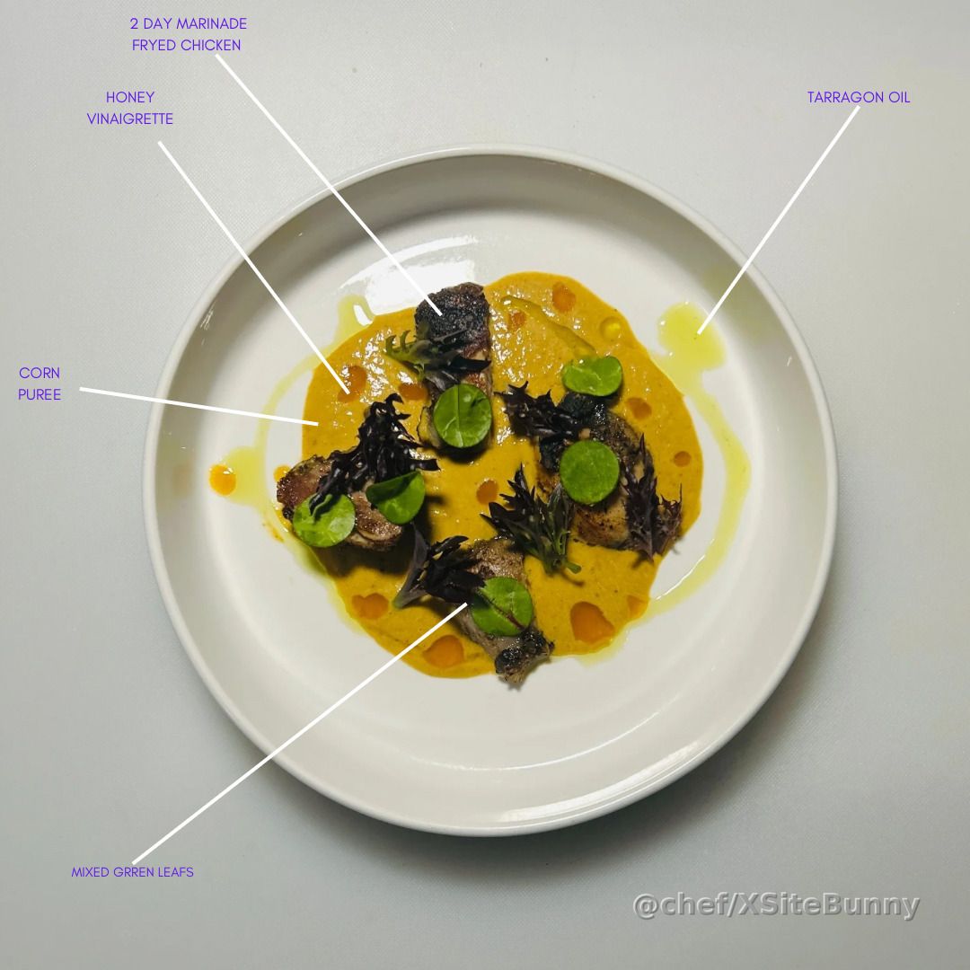Flavors that tell a story. A two-day marinated, perfectly fried chicken, resting on a velvety corn purée, balanced with the freshness of mixed greens and the brightness of honey vinaigrette and tarragon oil. Every bite is a harmony of crunch, creaminess, and bold seasoning. Inspired by patience, technique, and a love for the craft.

#ChefDweh #FoodArt #PlatingGoals #CulinaryInnovation #FlavorExplosion #FineDining #GourmetEats #FromTheKitchen