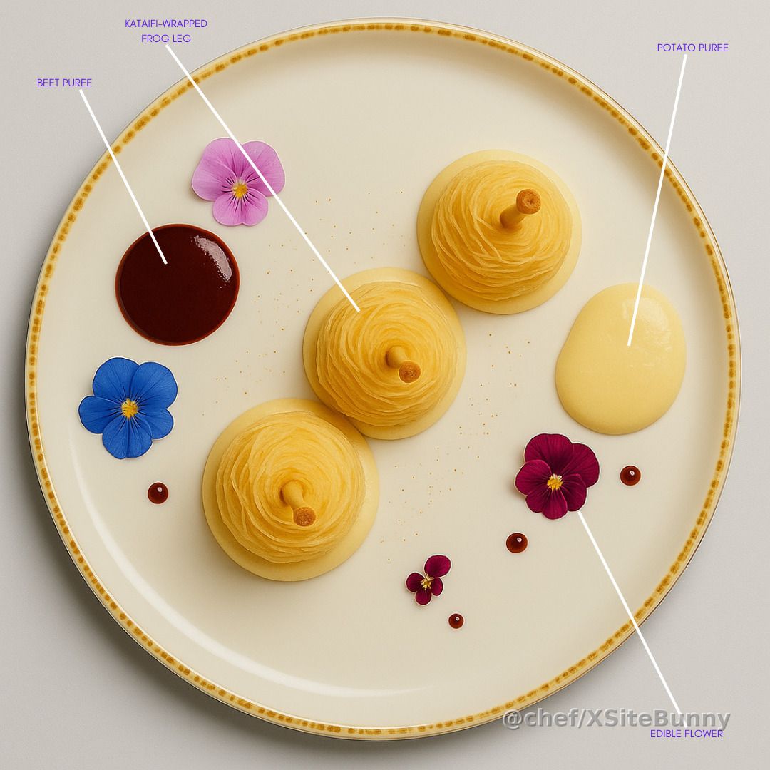 A whimsical take on French technique with playful Southern roots.

These kataifi-wrapped frog legs are presented like golden spirals of texture, nestled beside silky potato purée and a rich beet purée. Finished with vibrant edible flowers and delicate sauce pearls, this dish turns curiosity into elegance, and comfort into artistry.

A plate meant to intrigue, impress, and inspire.

