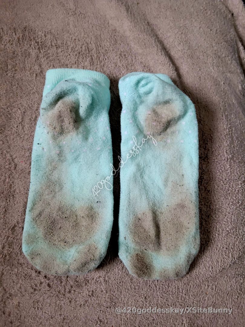 Dirty, stained, well-worn light blue socks with 48 hour wear. Message for price. (Unlock last pic. of Me wearing these socks)