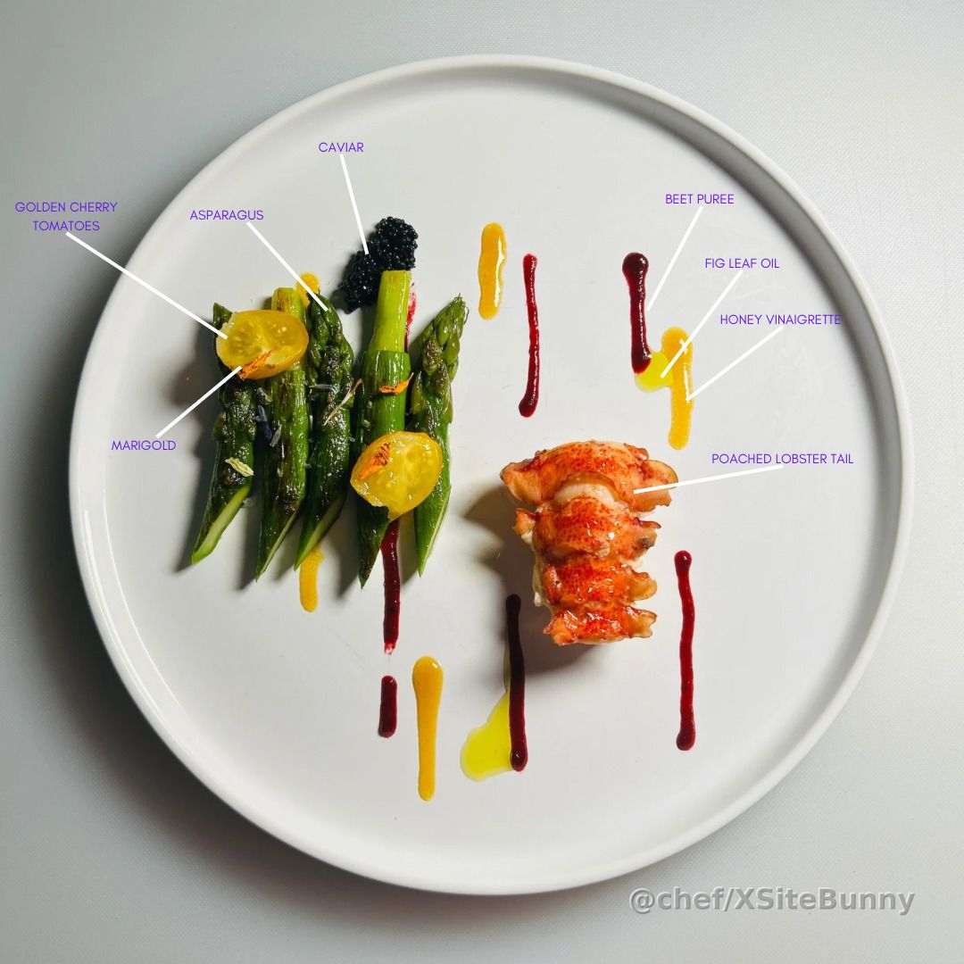 Poached lobster tail served with golden cherry tomatoes, asparagus, caviar, and marigold. Finished with beet purée, fig leaf oil, and honey vinaigrette to bring sweetness, depth, and brightness to every bite.

