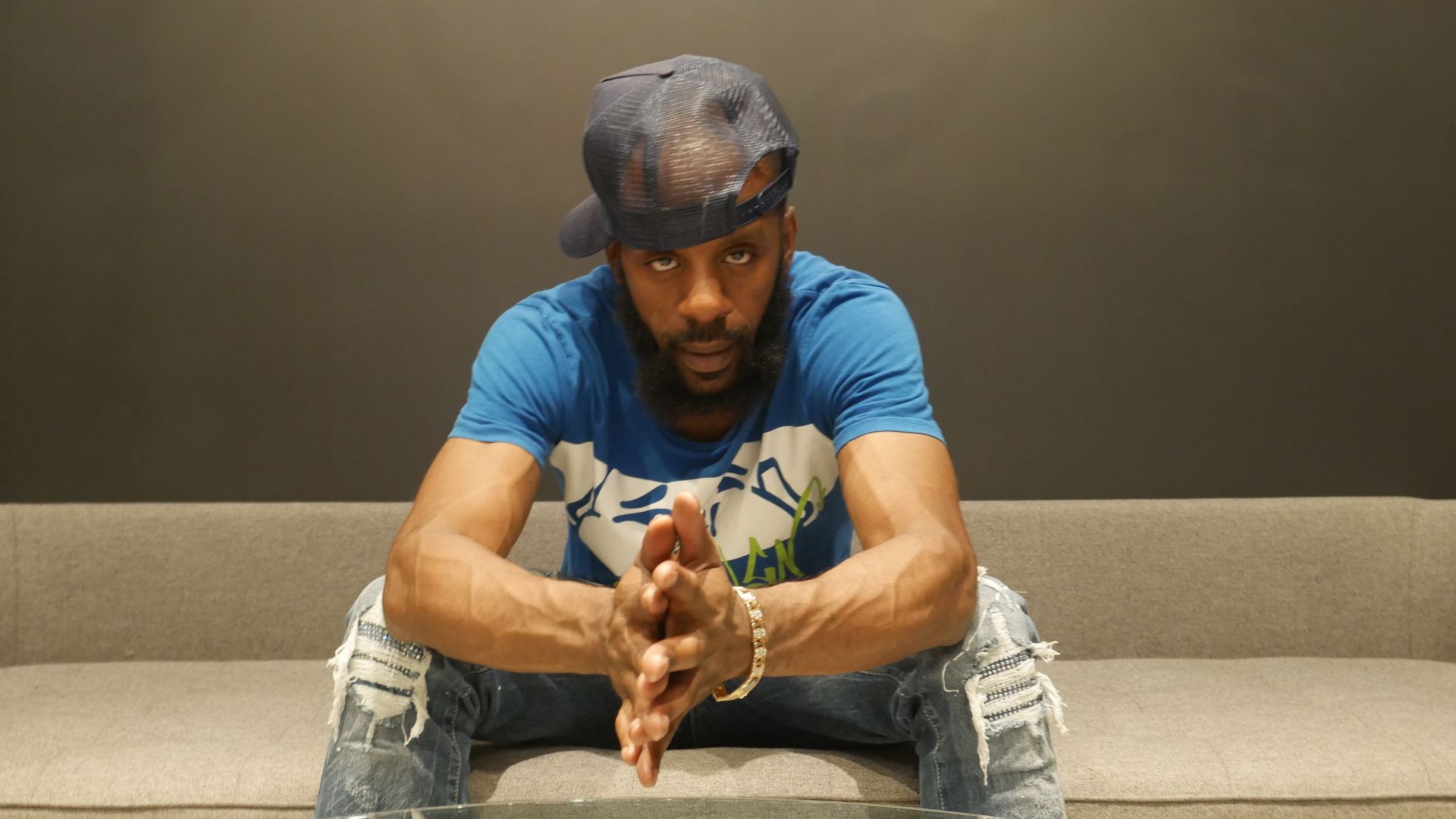 Sitting down for a minute during the shoot.