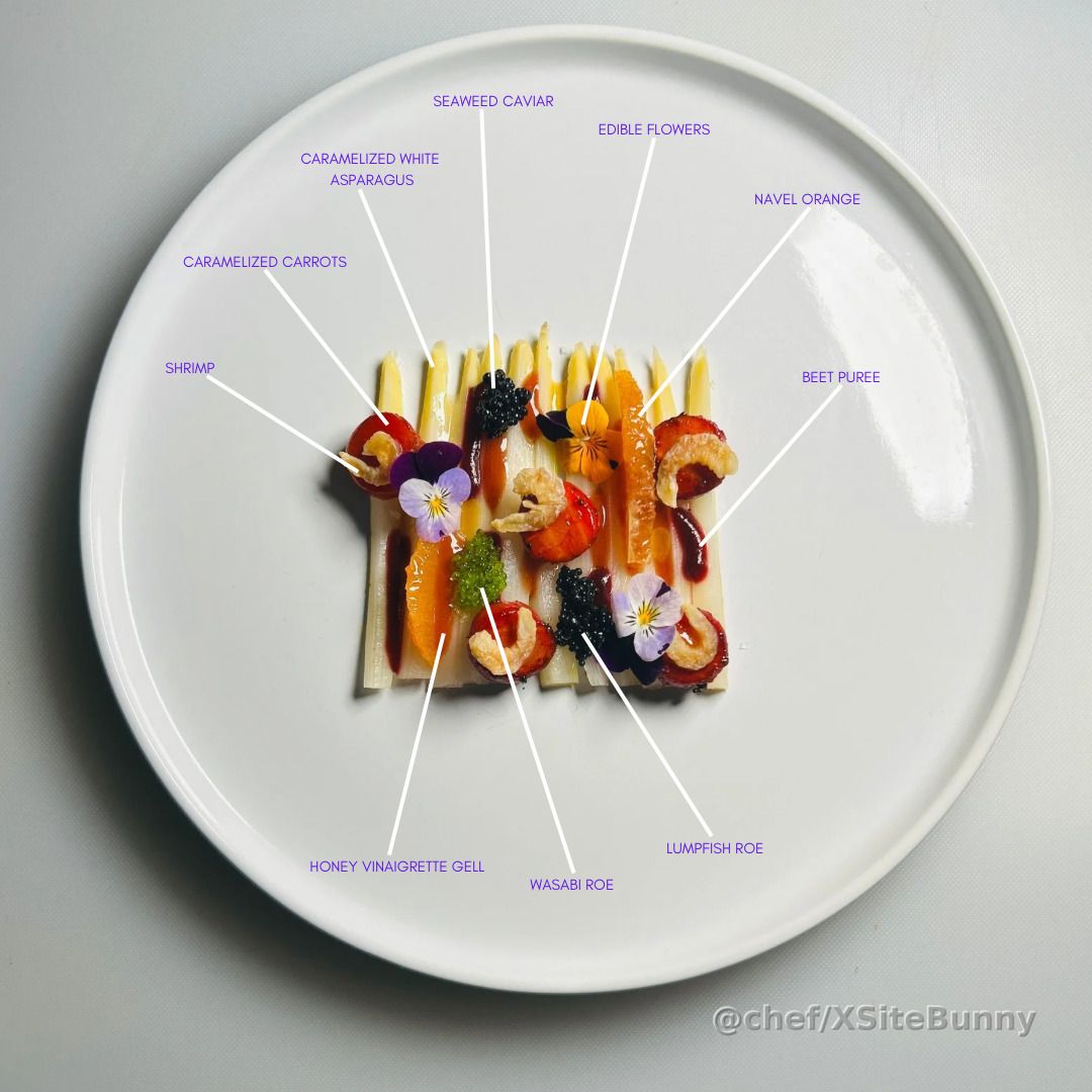 A garden of sea and color on a plate.

Caramelized white asparagus forms the canvas for this intricate mosaic of shrimp, lumpfish roe, wasabi roe, and seaweed caviar—balanced with navel orange, beet purée, honey vinaigrette gel, and touches of caramelized carrots. Finished with edible flowers for a whisper of floral beauty.

This dish is all about precision, elegance, and harmony. A visual and sensory celebration.
