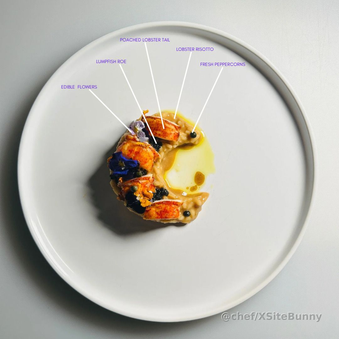 Luxury meets comfort in this ocean-inspired centerpiece.

Poached lobster tail placed delicately over creamy lobster risotto, finished with lumpfish roe, fresh peppercorns, edible flowers, and a smooth drizzle of oil. Every element on this plate was chosen to highlight the richness of the sea while delivering depth, heat, and elegance in every bite.

An indulgent moment, plated with restraint and reverence.


