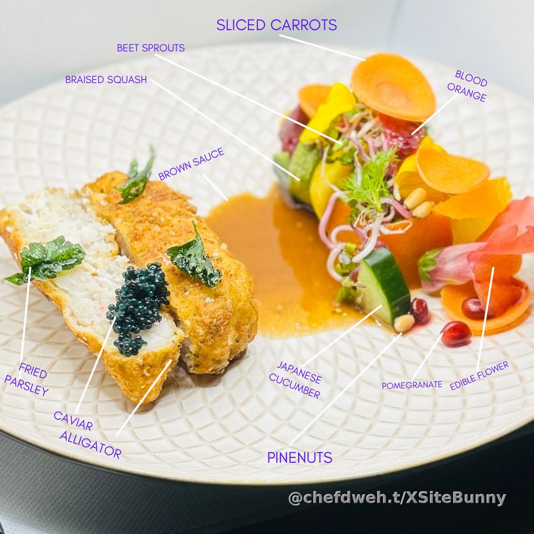 Kobe continues to inspire me to step outside the box and take on new culinary challenges. This time, I wanted to introduce him to something truly unique-his first taste of alligator!
I prepared a fired alligator dish, paired with a rich brown sauce reduction, and a refreshing Japanese cucumber and squash salad, highlighted with two types of citrus for a bright finish.
Watching him experience new flavors for the first time is a reminder of why I love what I do. Here’s to Kobe—my inspiration and the driving force behind so many of my creations!